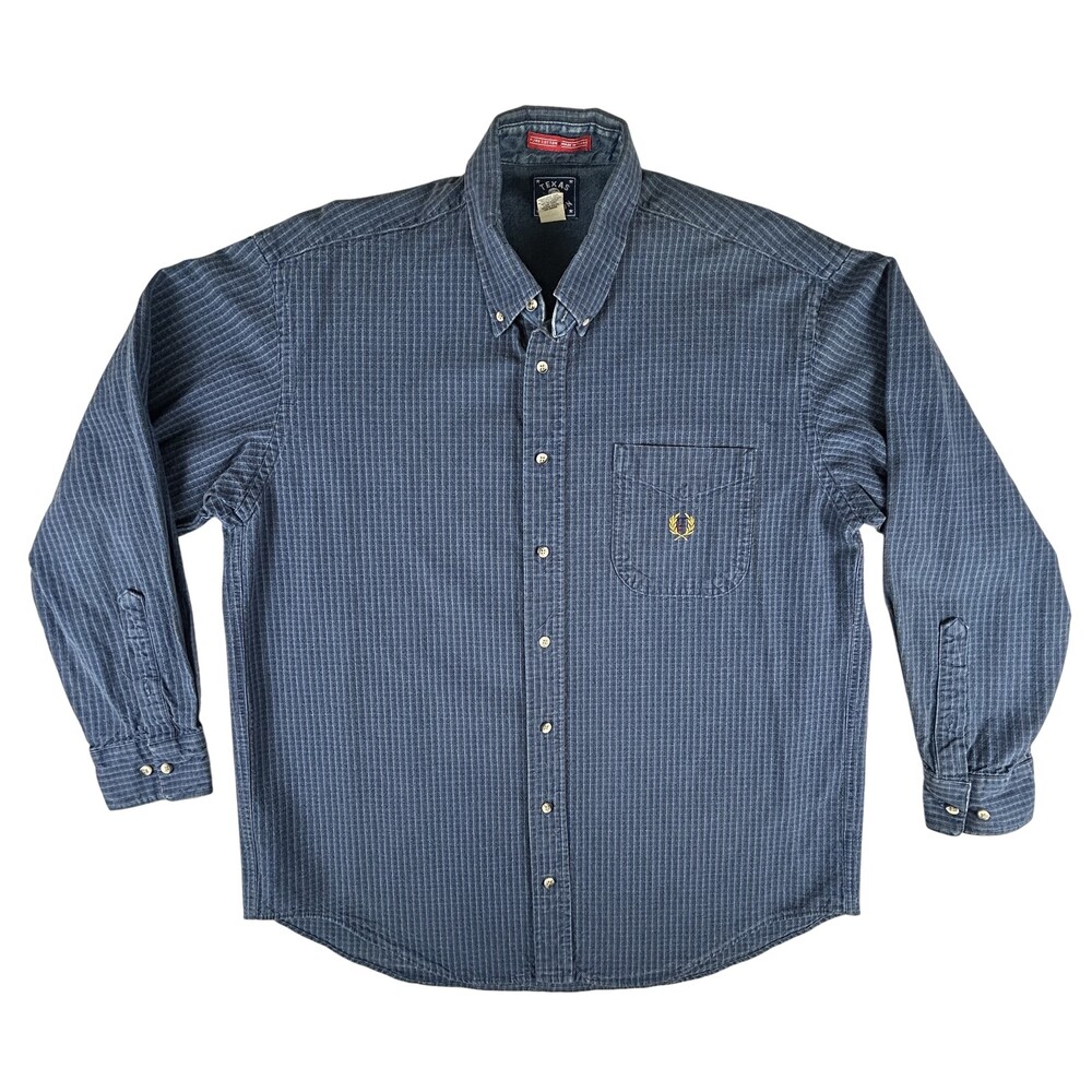 Texas Cotton Shirt Mens Large Blue Stripe Button Down Pocket Embroidered USA 90s